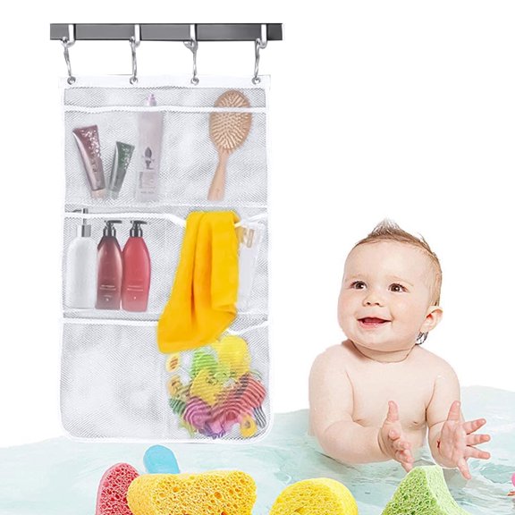 TSV Mesh Shower Caddy Curtains Organizer, Hanging Bathroom Shower Curtain Rod Liner Hooks Accessories with 6 Pockets Save Space in Small Bathroom Tub 4 Rings (6 Pockets, white)