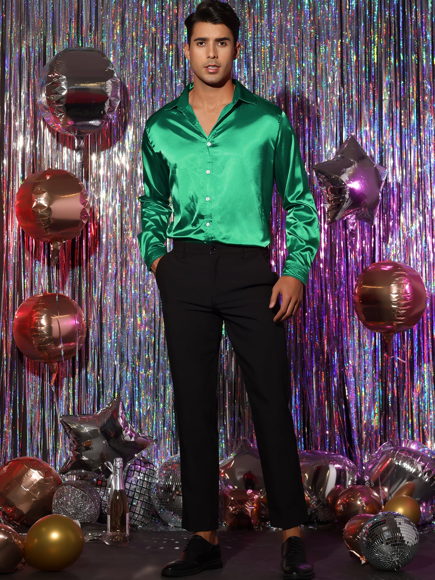 Unique Bargains Men's Satin V Neck Long Sleeves Button Down Prom Shirts 2XL Green
