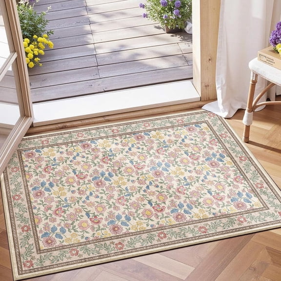 Toyoso 2x3 Traditional French Country Area Rug - Vintage Rose Floral Mat, 0.25" Low Pile Machine Washable Indoor Rug, Non-Slip Stain Resistant Bloom Pattern Accent Rug for Entryway