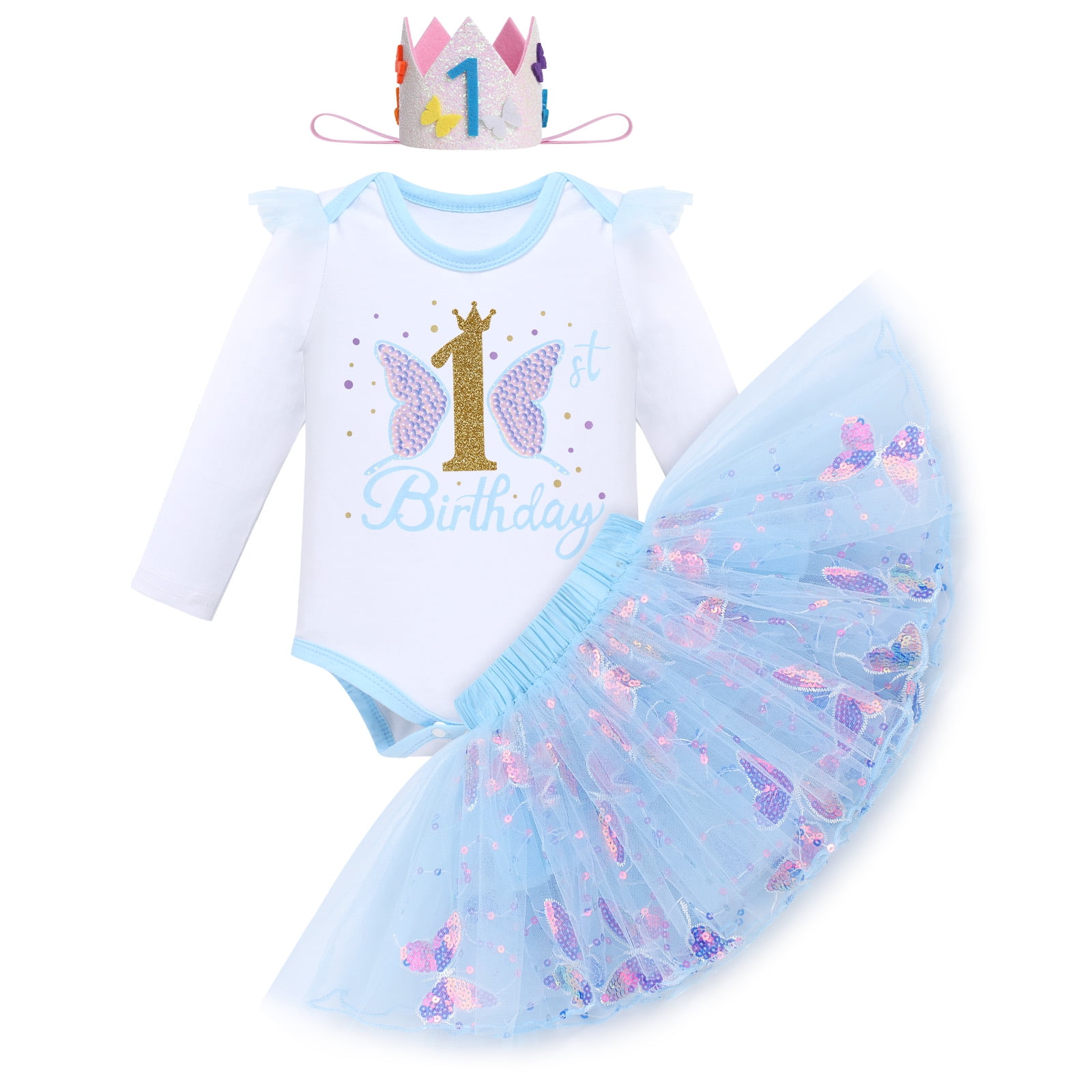 Baby Girl First Birthday Outfit - Ruffle Tutu Dress Romper & Headband Set For Cake Smash Photos (Blue)