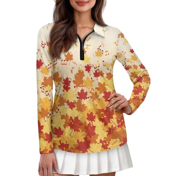 FUIALDOLG Gradient Maple Leaf Golf Shirts for Women Funny Polo Long Sleeve Performance Moisture Wicking Quick Dry Womens V-Neck Hawaiian Polo Shirt Freedom of Movement,M