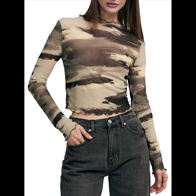 Camiseta de Transparente para Mujer, Top Corto de Larga con Estampado de Dinero A , Camisetas Ajustadas. Teñido Anudado M