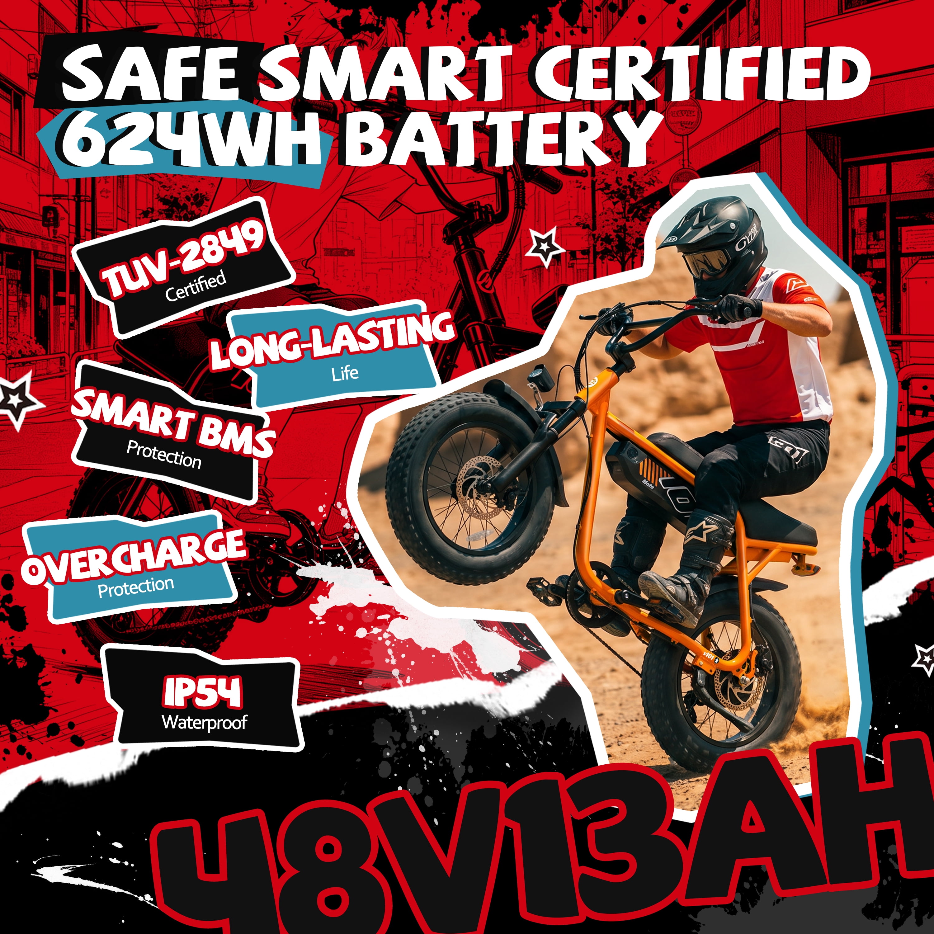 ESKUTE V101 Electric Bike for Adults & Teens 750W Peak 1500W, 28MPH, 48V 13Ah Battery, 16"x4.0" Fat Tire E-Bike, 7-Speed, Front Suspension, All-Terrain Ebike Orange, UL2849