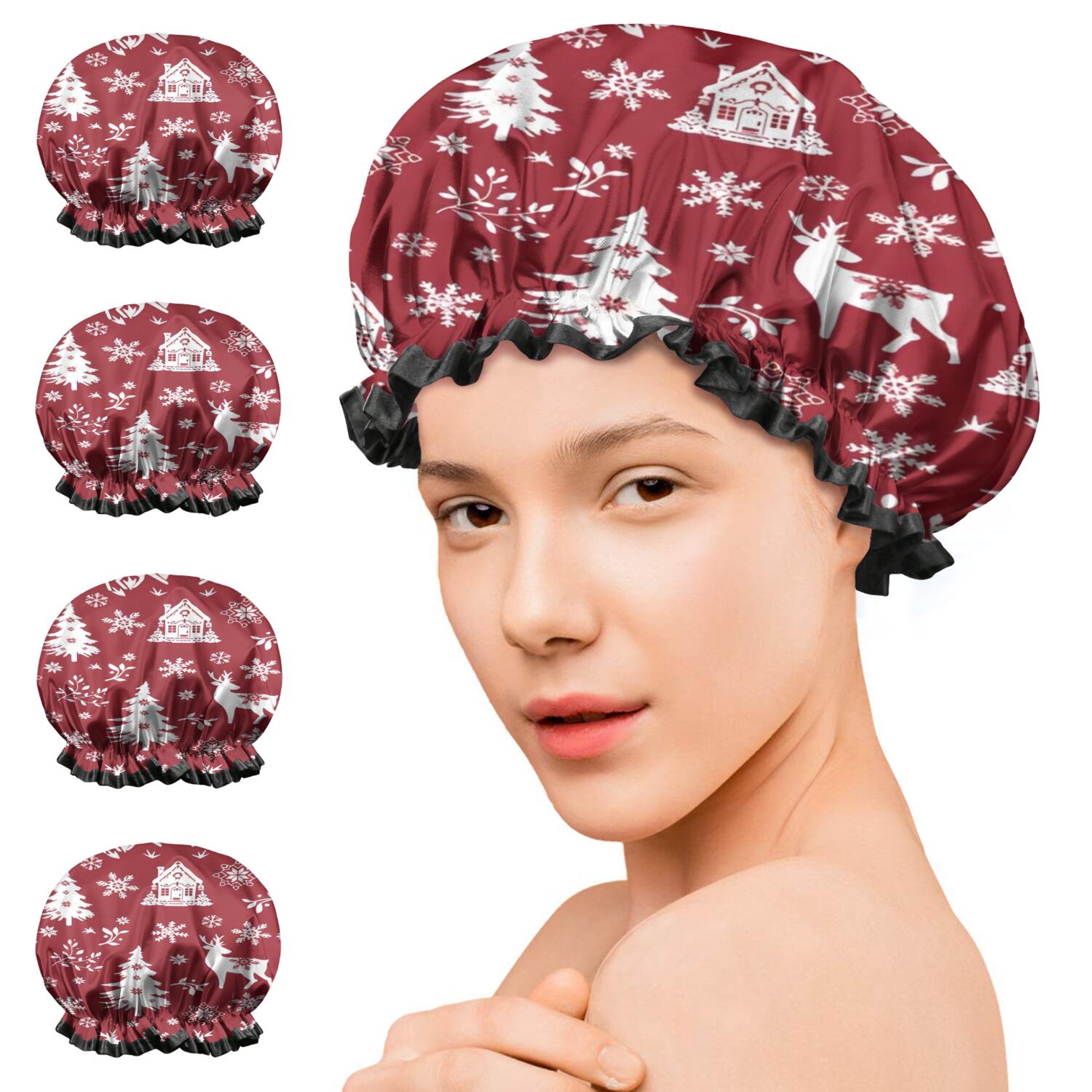 Shower Caps,Red Christmas Tree and Deer Pattern Waterproof Shower Cap for Women 4 Pieces,Double Reusable Hair Cover for Shower PEVA Elastic Stretch Hem