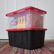 Hyper Tough 27 Gallon Clear Plastic Storage Bin with Red Snap Lid