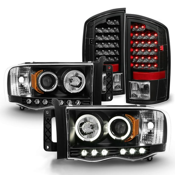 AKKON - For 2003-05 Dodge Ram   2002 Ram 1500 Black Housing Dual Halo DRL Projector LED Headlights   Tail Lamps