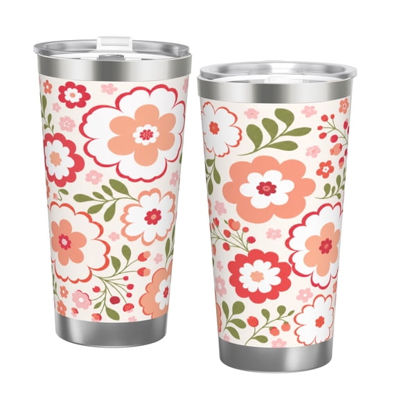20oz Red Floral Pattern Insulated Tumbler with Handle and Straw Travel Cup Boho Flower Coffee Cup Gift with Double Silver Rim