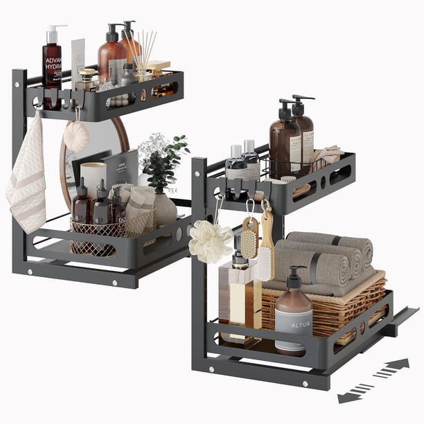 Organizador Bajo Fregadero de 2 Niveles Con Caja de Almacenaje y Cuatro Ganchos, Multiusos Deslizante Para Cocina y Baño, Negro
