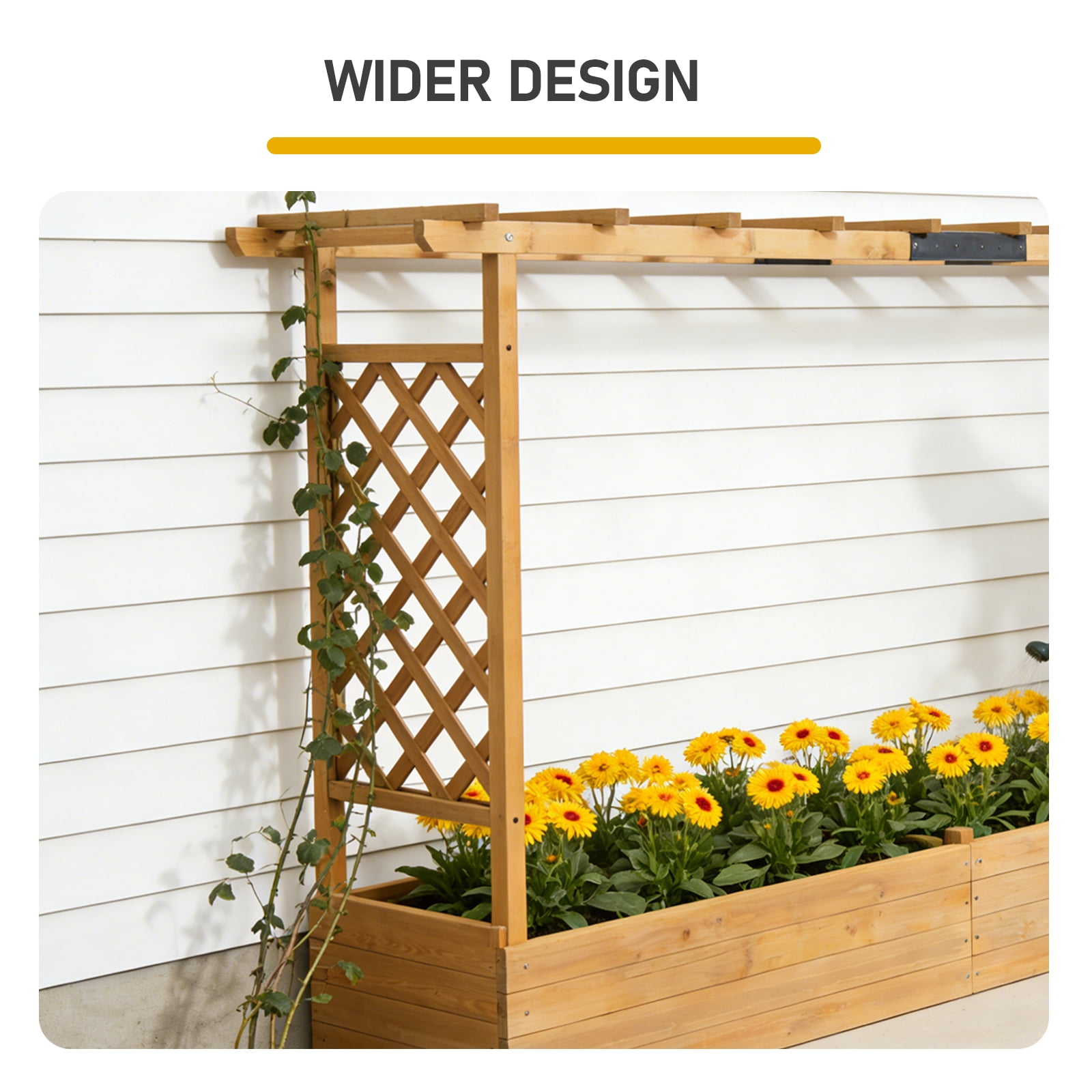 Raised Garden Bed with Trellis, Hanging Roof, Planter Box, Drainage Holes, Vertical Plant Container for Vine Climbing Plant Flower, Standing Wood Planter for Garden Patio Yard, Teak