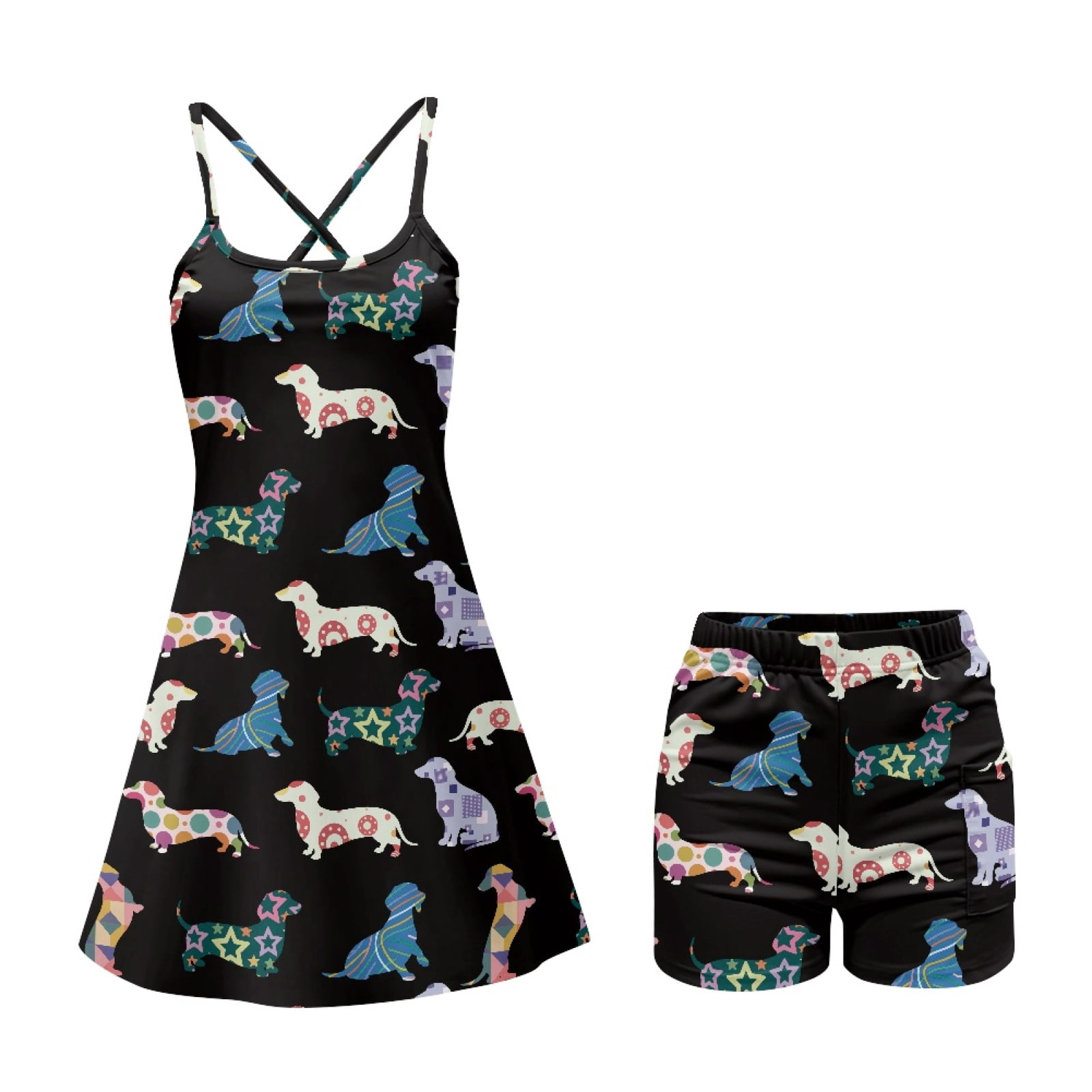 Yuyamidu Colorful Dachshund Womens Tennis Dress Cute Spaghetti Straps Dresses with Built-in Shorts Summer Workout Athletic Golf Dress with Pockets Pickleball Outfits Size S