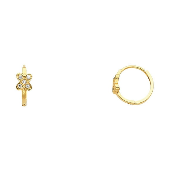 Solid 14k Yellow Gold Flower Huggie Earrings Huggies Floral Hoops CZ Round Style Fancy Small 10 mm