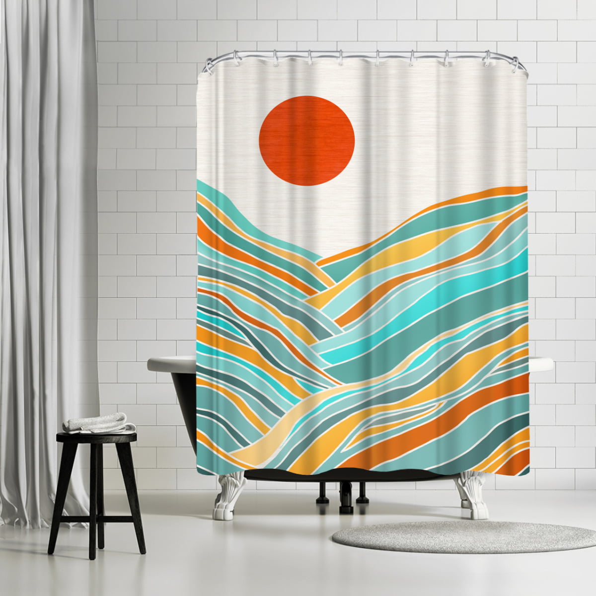 Monochrome Hemp Ropes Shower Curtain Liner Waterproof Fabric & 12 Hooks Bath Mat 