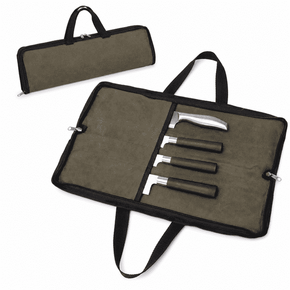 Fixdono Chef Knife Roll Bag, 4-Slot Waterproof Waxed Canvas Knife Case with Handle for Travel, Culinary School, Camping and BBQ, Army Green