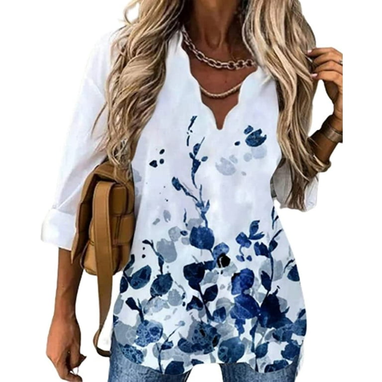 PIKADINGNIS Women Print T-Shirt Wave Collar Long Sleeve Loose Fit Tops Casual Fall Pullover Blouse