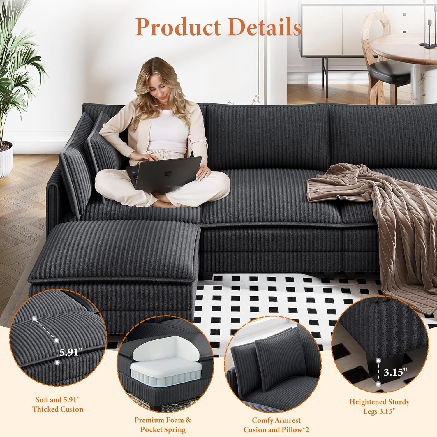 Neche 143" U Shaped Sectional Modular Couch, Comfy Corduroy Upholstered Modular Cloud Sofas for Living Room, Modern Sectional Sofa with 2 Ottoman Deep Seat, Dark Grey