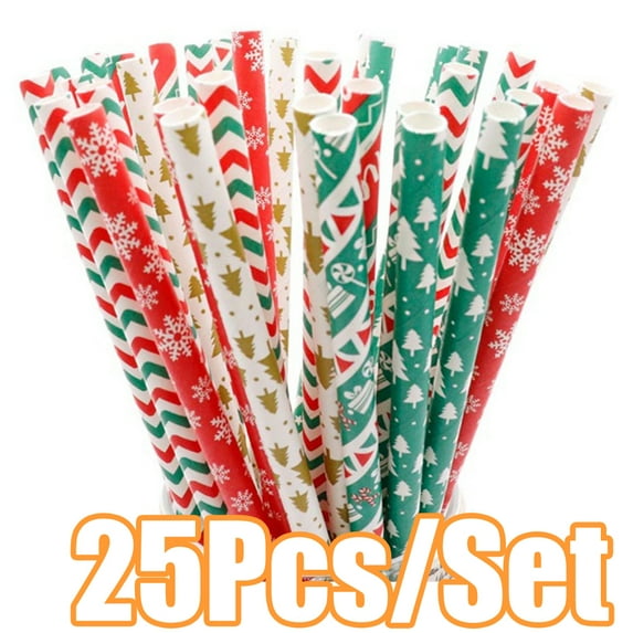 Dengjunhu 25Pcs Christmas Paper Straws, Striped Christmas Tree Snowflake Straws for Christmas Party Decorations Supplies