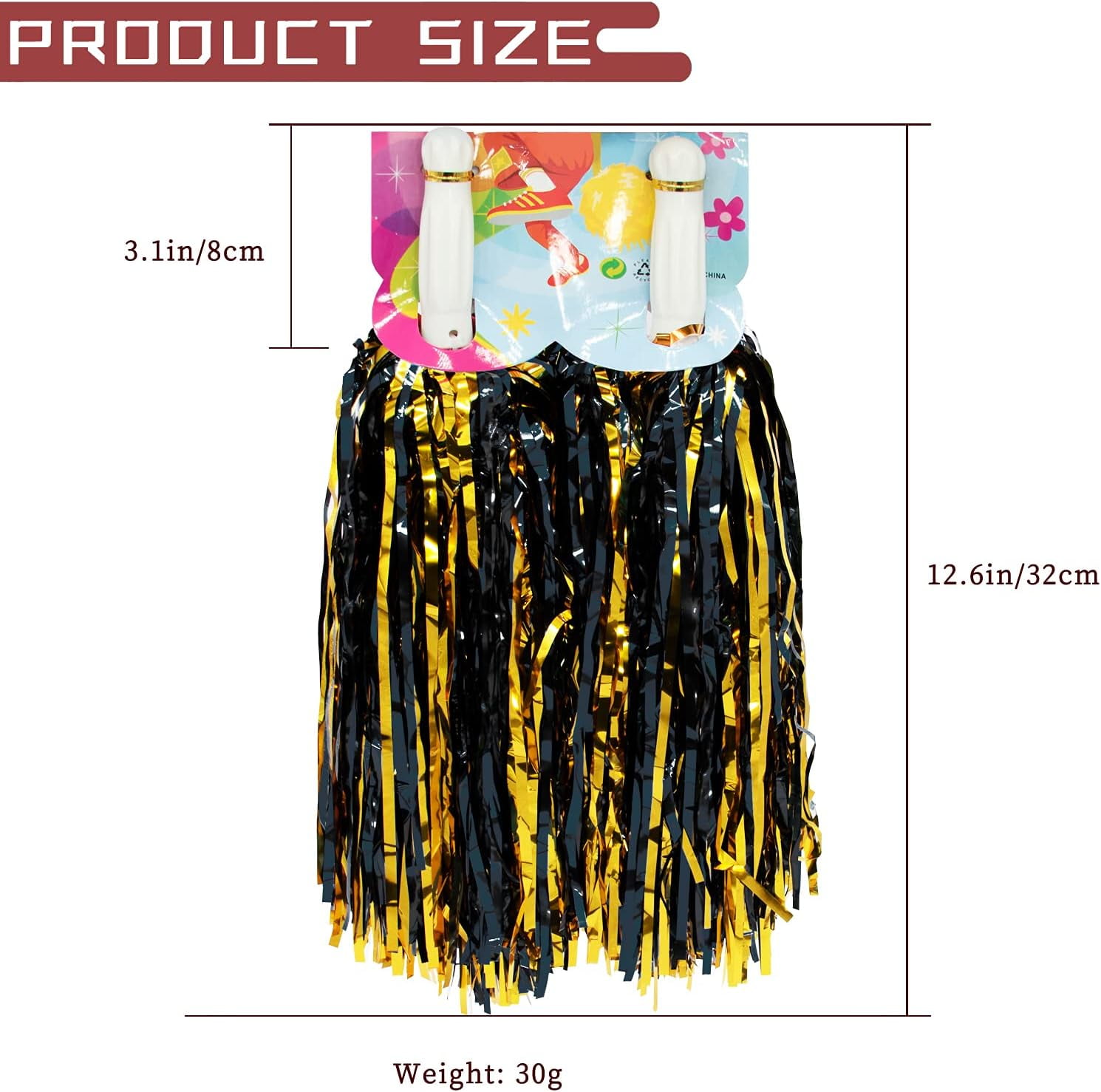 12 Pack Cheerleading Pom Poms with Baton Handle, Metallic Foil Pom Poms Hand Flowers Cheerleader Pompoms for Sports Cheers Ball Dance Fancy Dress Night Party (Black/Gold)