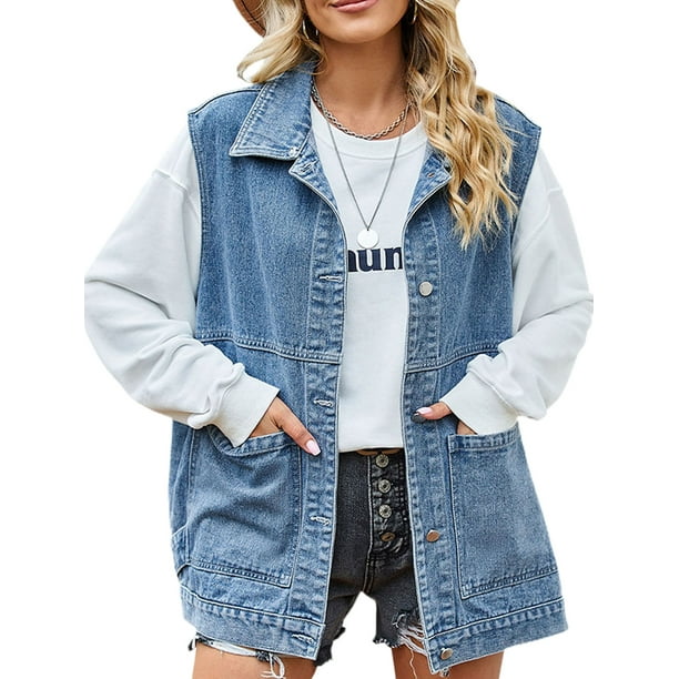 MAWCLOS Ladies Jean Jacket Button Down Waistcoat Lapel Outwear