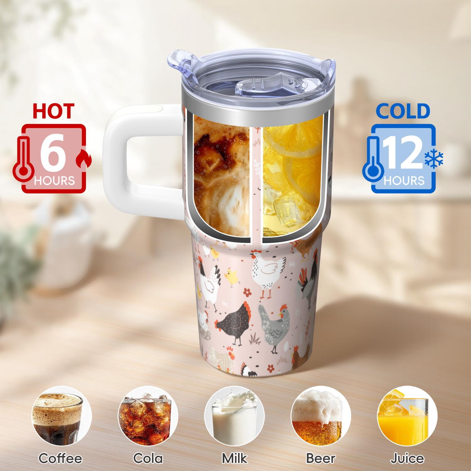 20oz Chicken Character Tumbler with Handle Classic Birthday Christmas Gift for Chicken Fans Women Men Insulated Travel Mug Fits Car Cup Holders Comfortable Grip Durable Material Daily Hydration