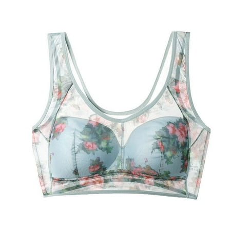 DondPO Bras for Women Women s Thin Vest Upper Side Breasts Beautiful Back Large Size Bra Printed Mesh No Ring Bra Push Up Bra Plus Size Bras for Women Clearance Blue 4XL Clearance
