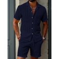 thumbnail image 4 of Men'S Camp Collar Jacquard Button Up Shirt and Drawstring Shorts Two Piece Outfit Navy Blue M, 4 of 9