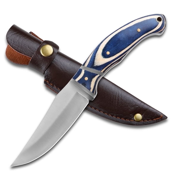 Plys Outdoor Hunting Knife for Men Full Tang High Carbon Stainless Steel Tactical Survival Knives with Wood Handle, Fixed Blade, Leather Sheath