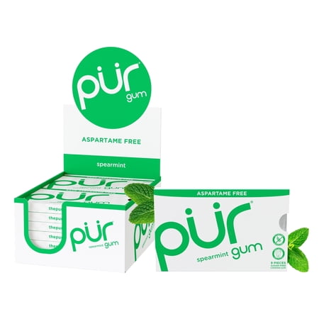 PUR Gum, Aspartame Free, Sugar Free & 100% Xylitol, Spearmint Chewing Gum, 9 Pieces, Pack of 12