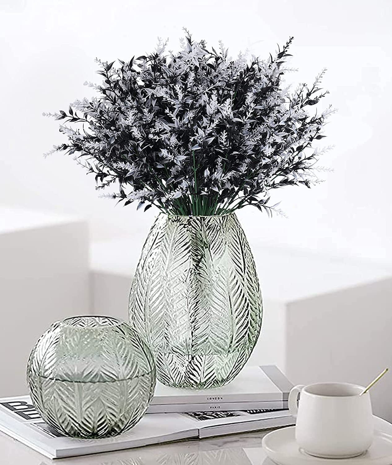 RECUTMS Artificial Lavender Flowers 8 Bundles Outdoor UV Resistant Fake Flowers Plastic Plants for Home Decor(Black+White)
