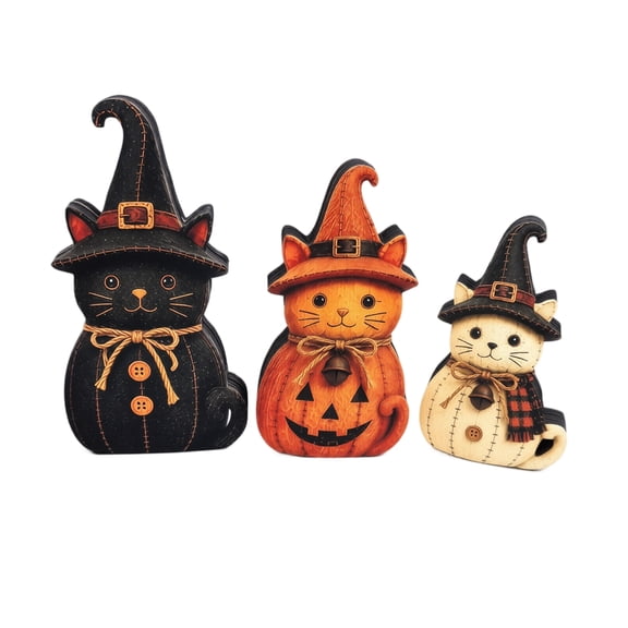 Vintage Halloween Witch Cat or Dog Figurine Set, 3-Piece Wooden Shelf Sitters with Witch Hats and Seasonal Details, Fall Mantel Decor for Home Display