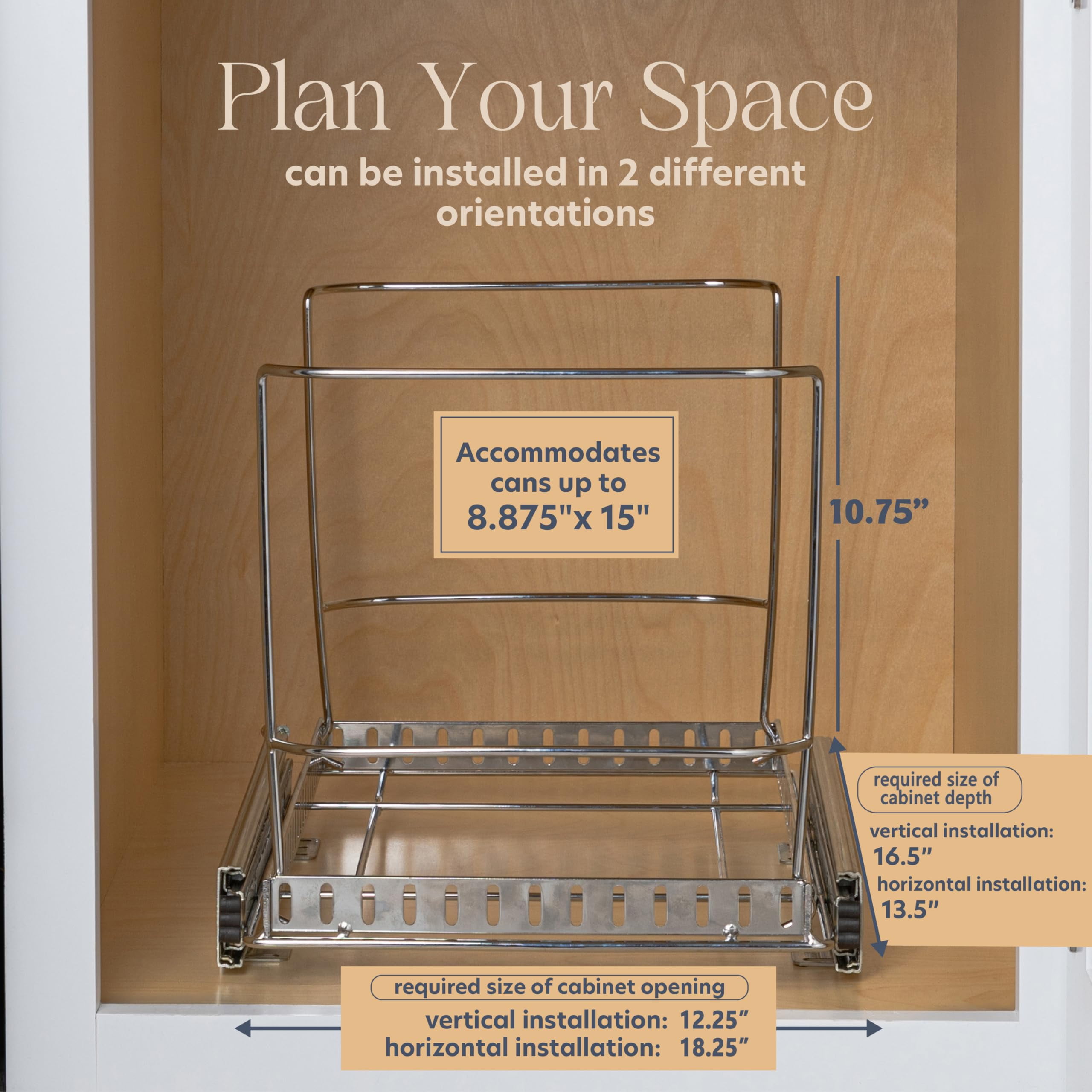 Pull-Out Cabinet Trash Can Organizer, Fits 9 Gal / 35 Qt Bins, Heavy-Duty Chrome Frame, Soft-Close Slide, Adaptable Mounting Options, Fits 12”+ Cabinet Opening, Bin Not Included