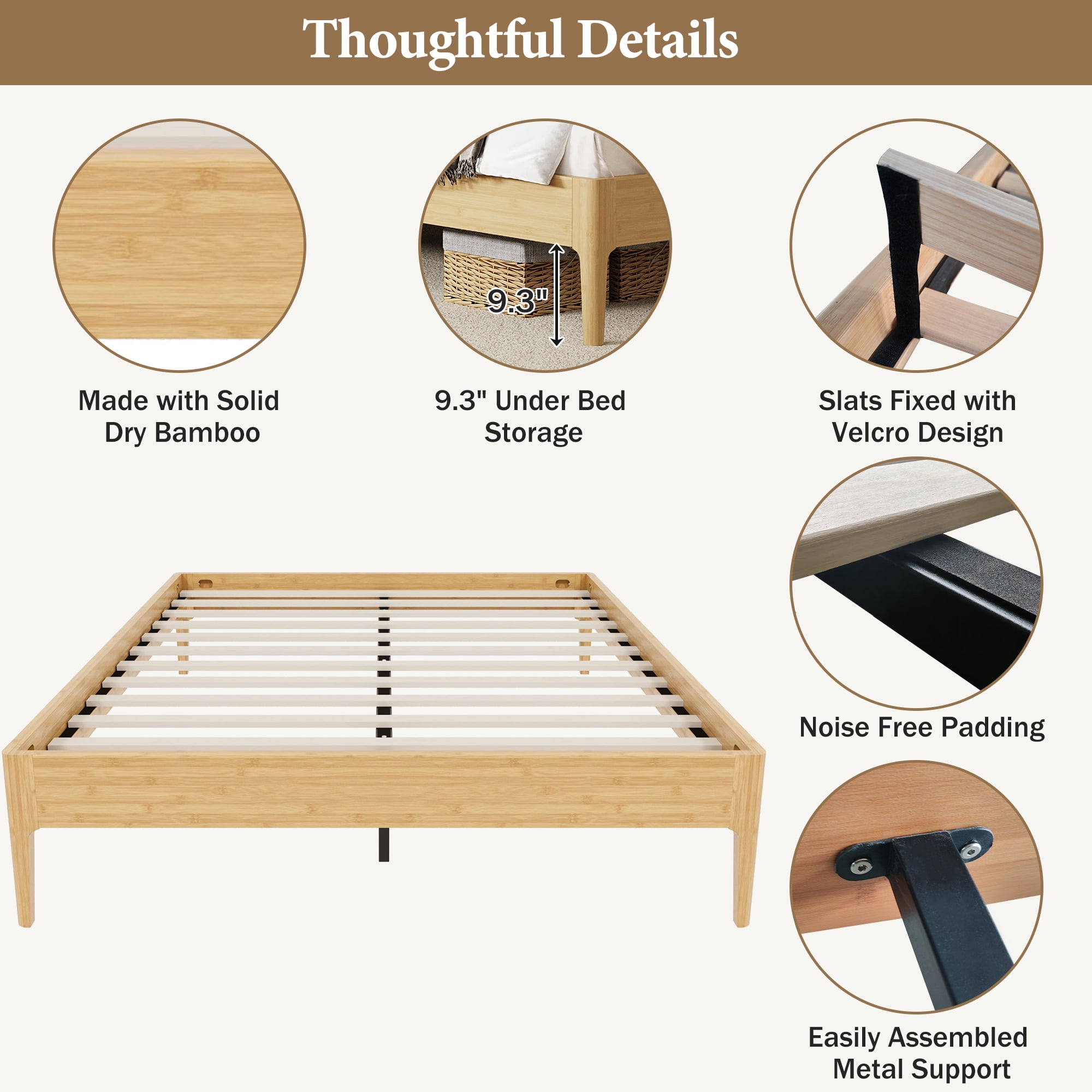 Euroco Bamboo Wood Platform Bed, Full Size Minimalist Style Bed, Natural