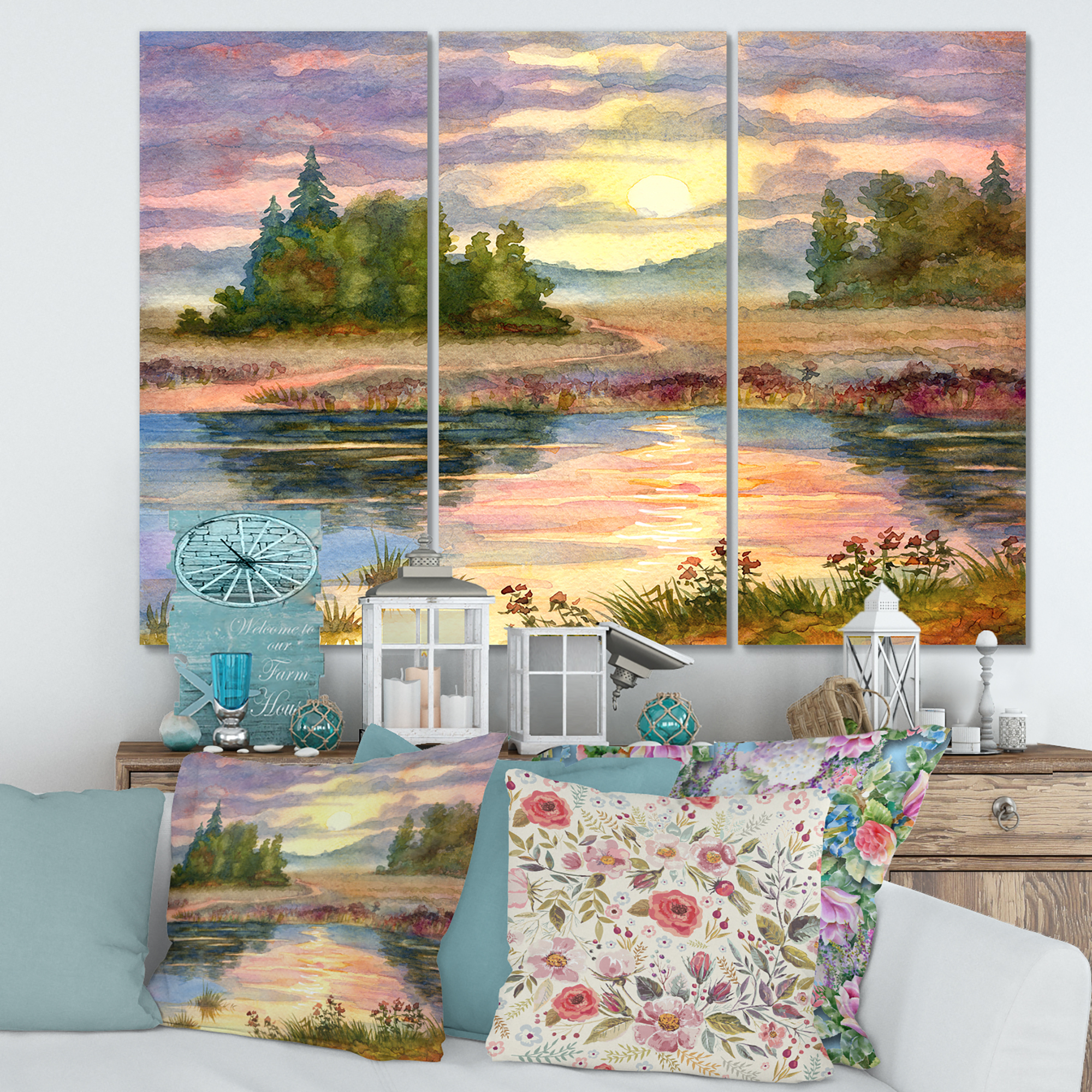 Designart ' The Rural Lake In Sunset Evening I ' Traditional Canvas Wall Art Print
