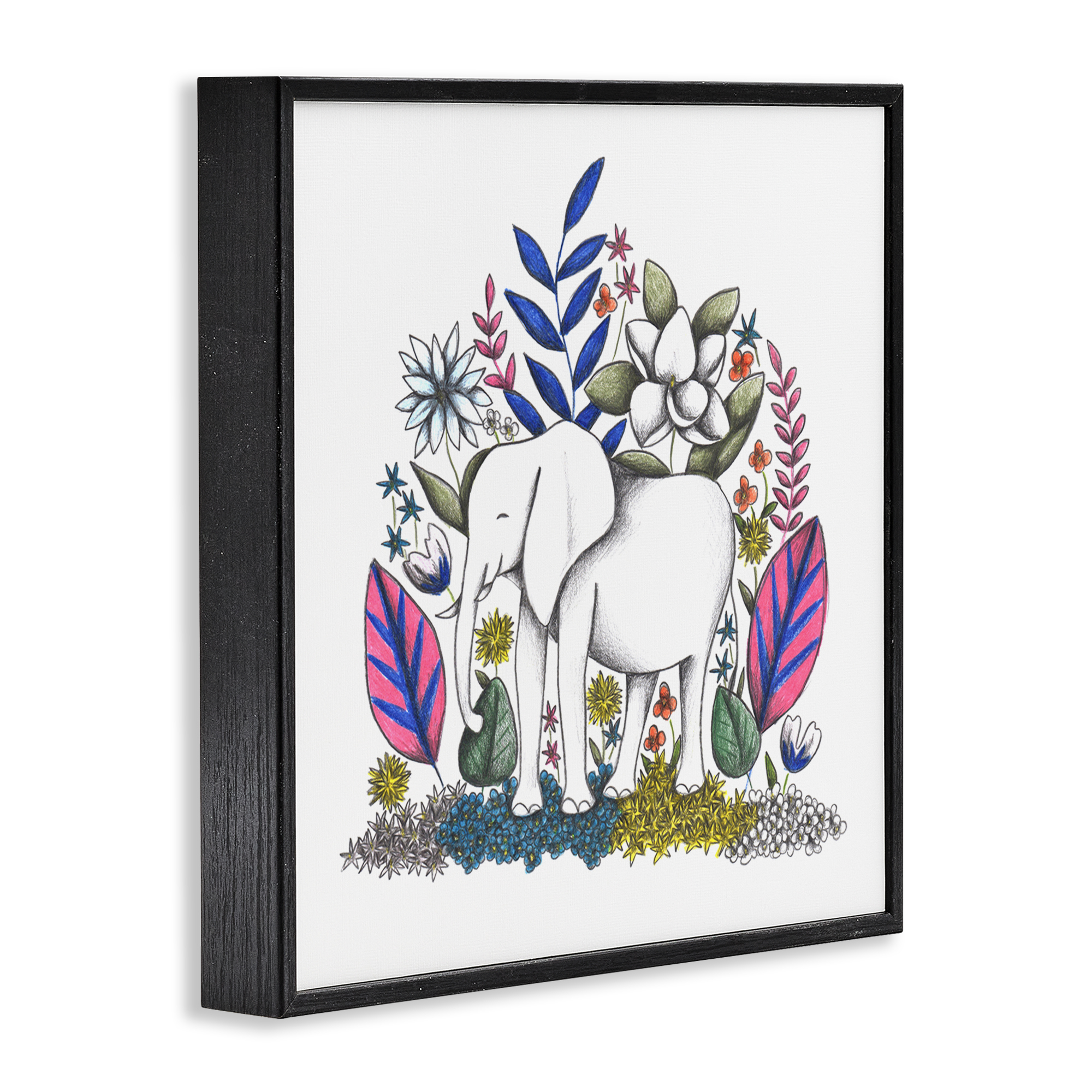 Elephant in Midst of Flowers Black Framed Giclee Art, design by Cecilia Battaini