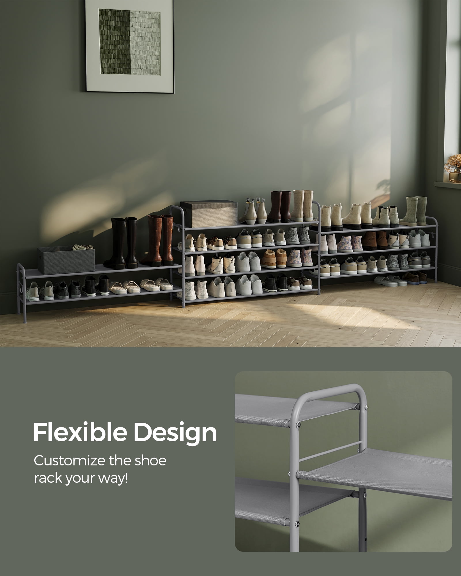 Shoe Rack, 3 Tier Shoe Organizer, Fabric Shoe Shelf Storage with 4 Hooks, Holds up to 18 Pairs of Shoes, Height-Adjustable Shoe Rack for Entryway, Hallway, Closet, Easy Assembly, Dove G