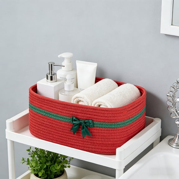 PEONAVET Storage Basket for Organizing, Woven Gift Basket with Ribbons Bow, Rectangle Decorative Storage Organizer for Storage Clothes Toy Books Towels(Red)