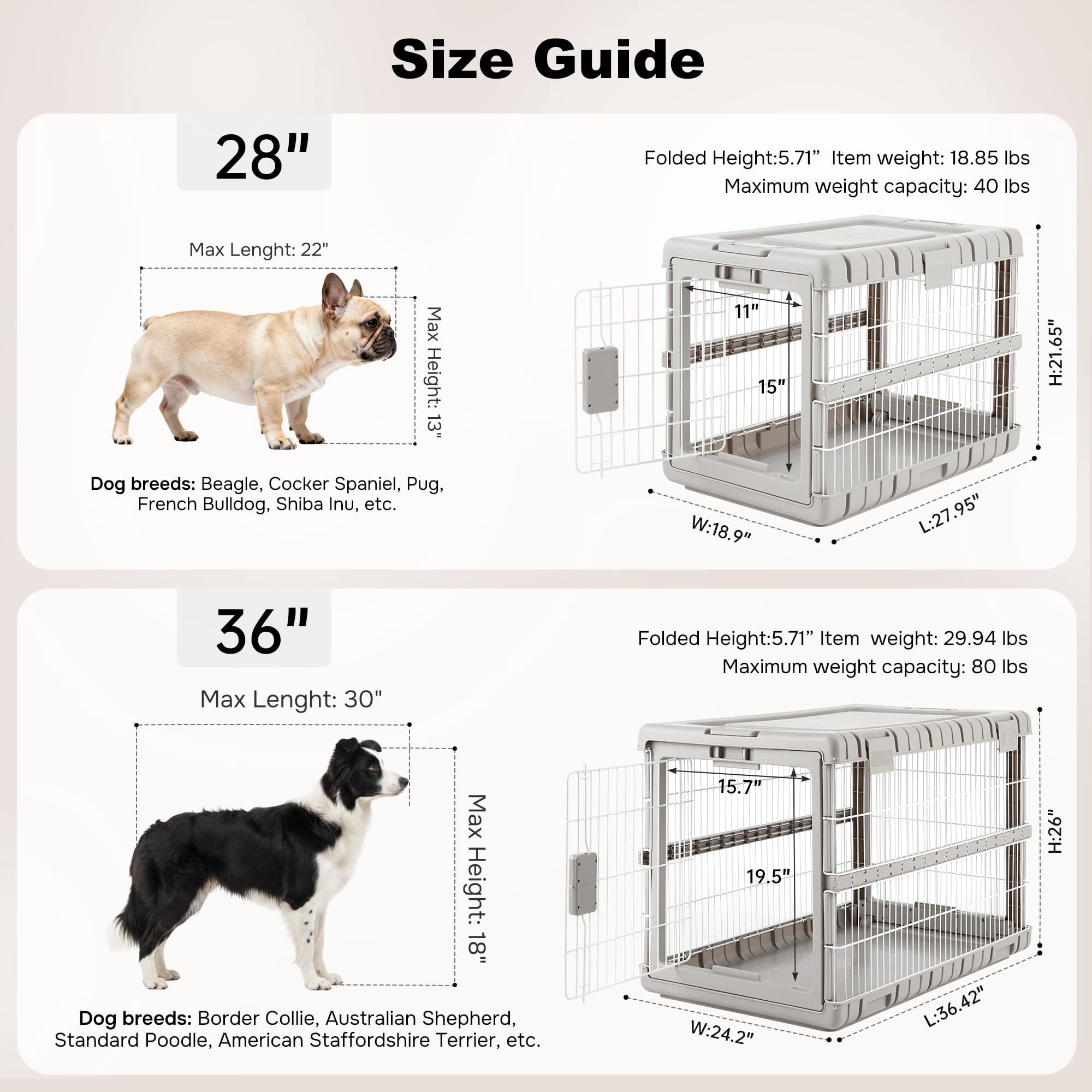 Collapsible Dog Crate For Dogs - 28" L Heavy Duty Kennel No Tools Required With 4 Sides Steel Foldable Cage Indoor Furniture  Portable Carrier 2 Smooth Wheels Beige