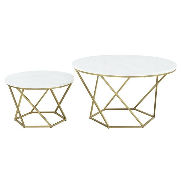 Modern Geometric Nesting Coffee Tables in Gold with White Faux Marble Top