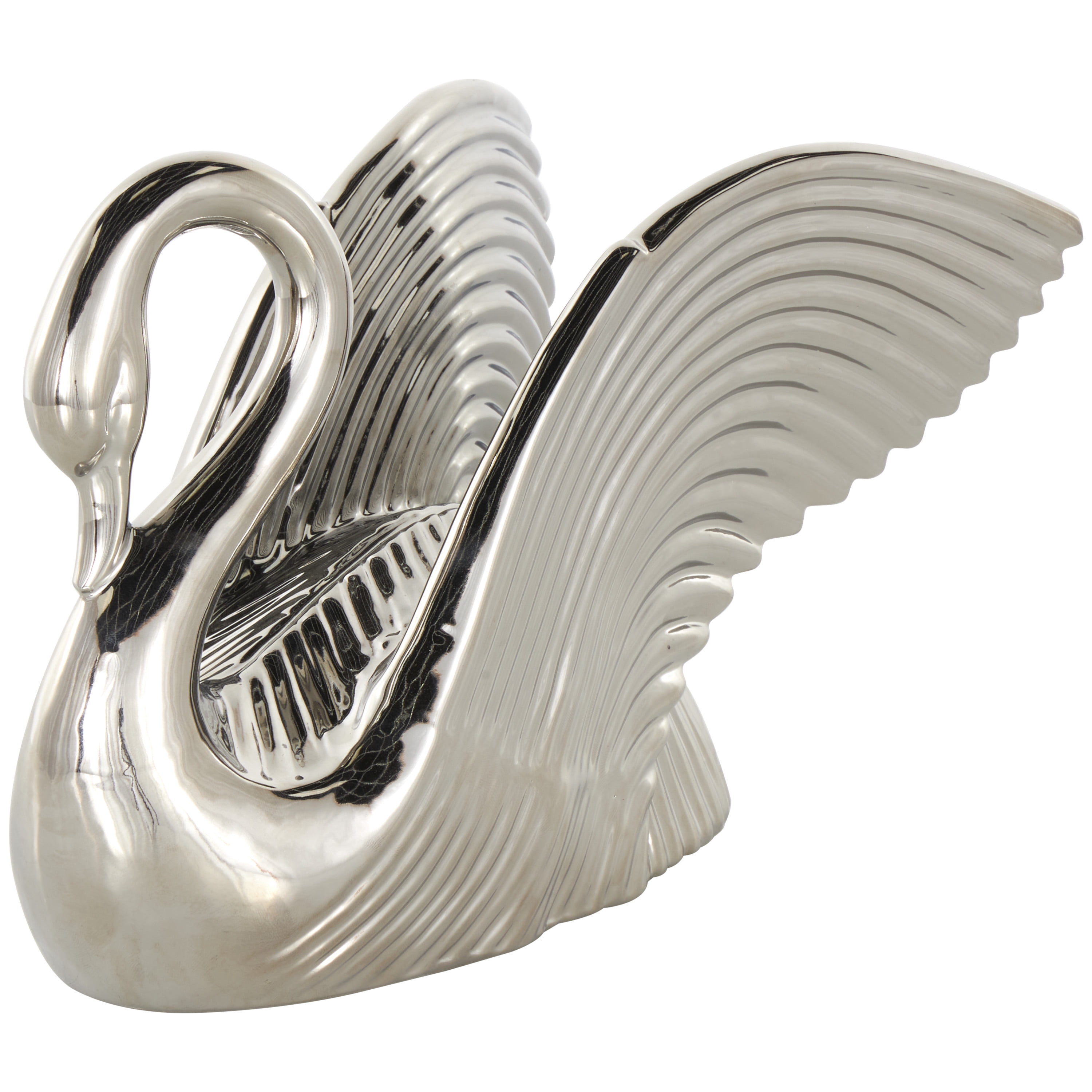 11" x 8" Silver Ceramic Swan Sculpture with Textured Grooves, by DecMode