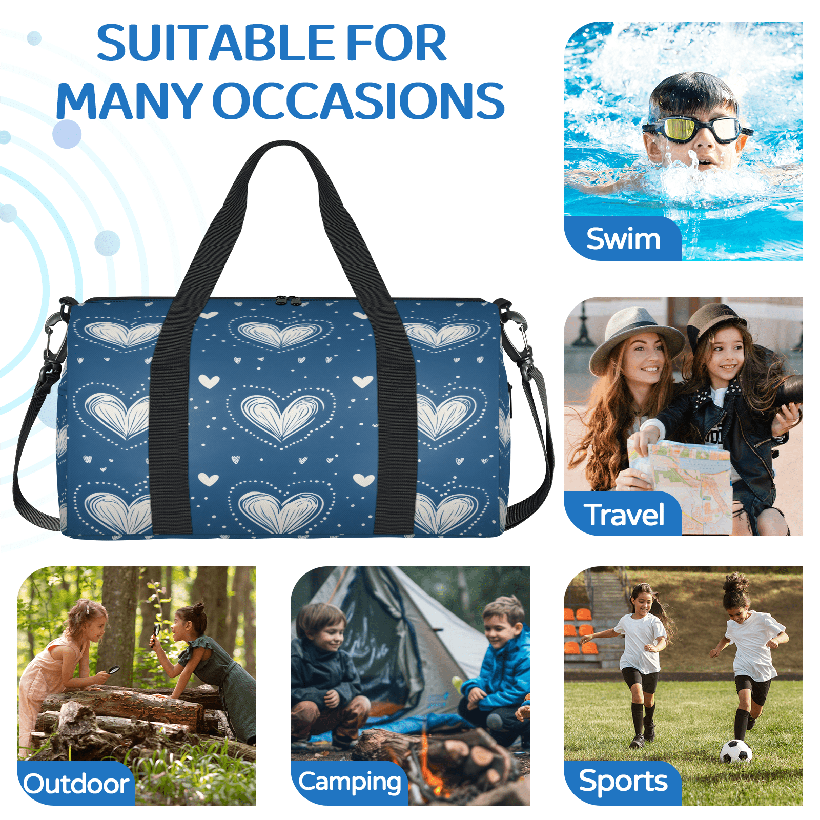 Herdesigns Love Gym Bag for Women, Duffle Bag for Travel Sport, Polka Dots Lightweight Waterproof Carry on Weekender Dance Yoga Workout Bags