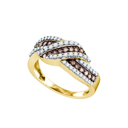 - 10kt Yellow Gold Womens Round Cognac-brown Color Enhanced Diamond Crossover Band Ring 3/4 Cttw