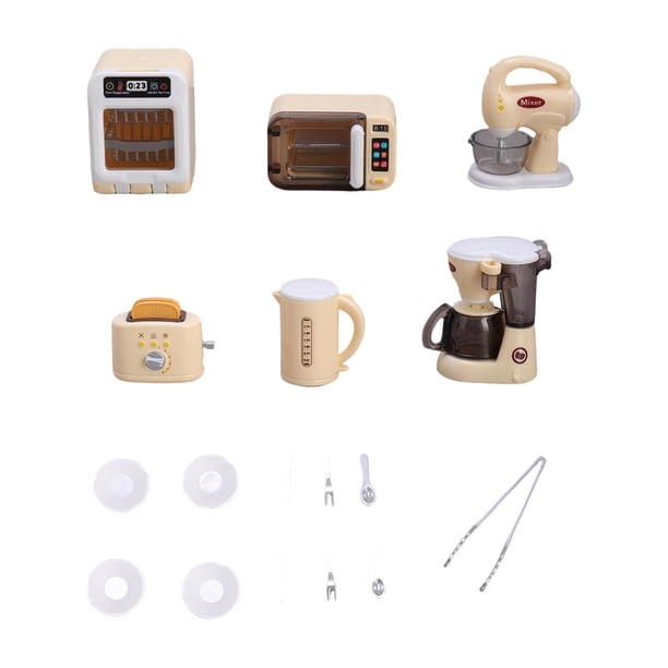 Juego de electrodomésticos de cocina en miniatura para niñas y niños con platos y cubiertos para jugar a la simulación. Amarillo
