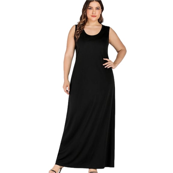 Women's Plus Size Scoop Neck Maxi Tank Dress 95% Polyester 5% Spandex Casual Sleeveless Floor Length Everyday Wear