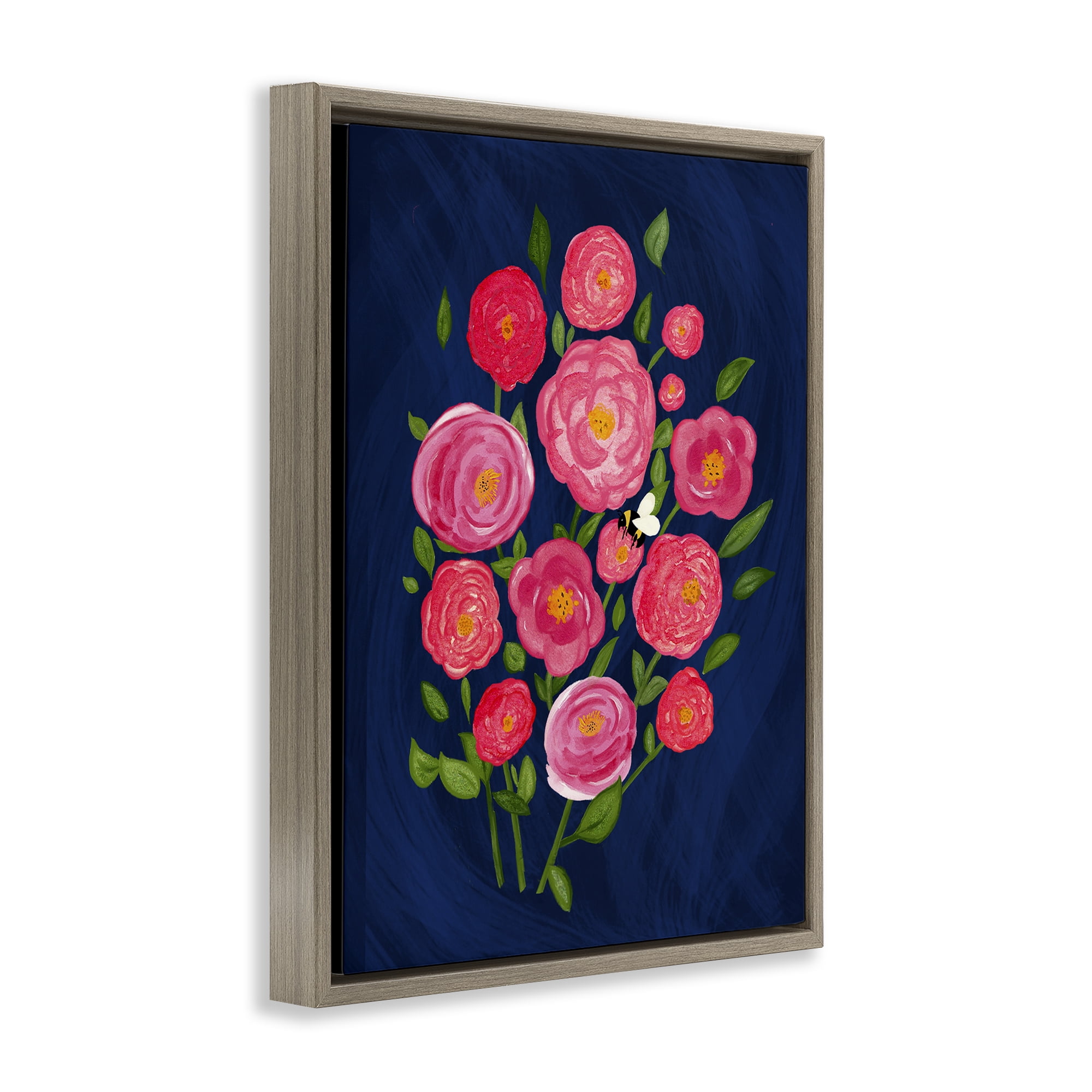 Stupell Industries Pink Poses Bunches Plants & Flowers Painting Brown Floater Framed Canvas Art Print Wall Art, 25 x 31