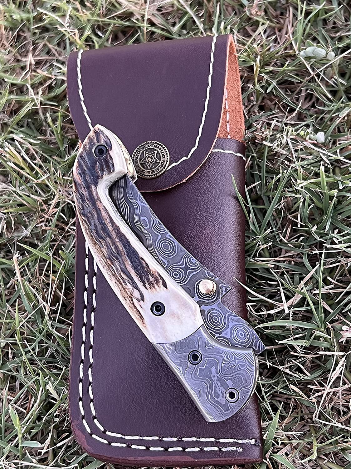 Poshland Custom Handmade 3.2" Tactical Knife with Damascus Steel Stag Horn Handle