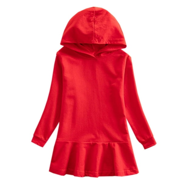 Odeerbi Niñas Sudaderas Con Capucha Vestido Plisado Sudadera de Algodón Vestido Color Sólido Manga Larga Vestido Suelto