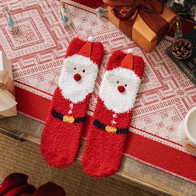 Chaussettes à Moins de 5 $ Rouges Automne Hiver Noël Tissage Peluche Chaudes Corail Peluche Chaussettes Maison