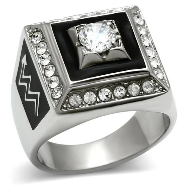 Men High Polished Stainless Steel Ring with AAA Grade CZ in Clear - Size 9