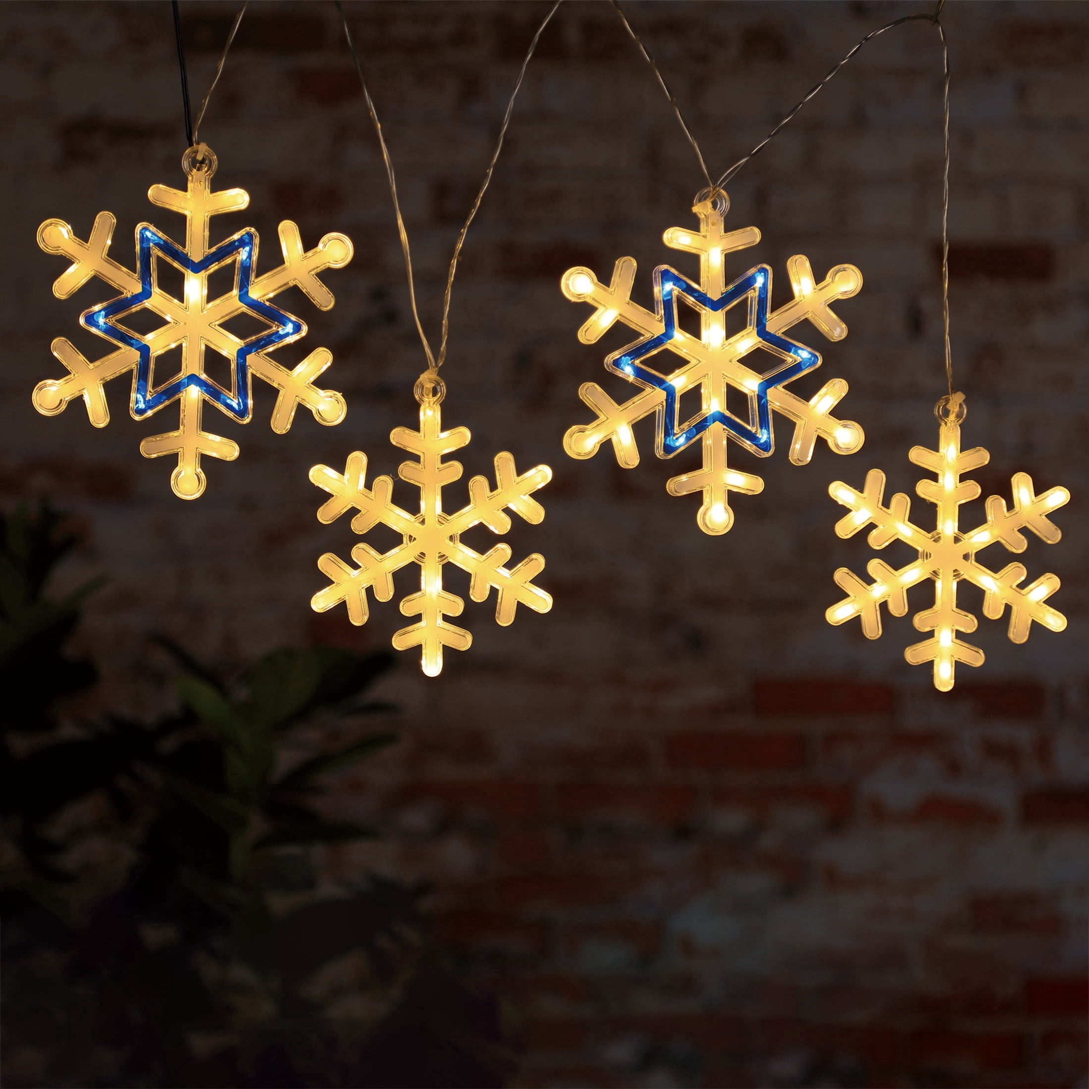 Indoor/Outdoor 4-Count Battery-Operated LED 8-Function Snowflake Christmas Garland Lights, Warm White, Clear Wire, 3', by Holiday Time