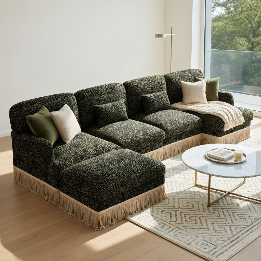 Hommoo 131" Modern Leopard Print Chenille L-Shaped Sofa Set with Movable Ottoman, Tassel Trim & Ergonomic Deep Seat, 4-Seat Modular Living Room Sofa, Green Black