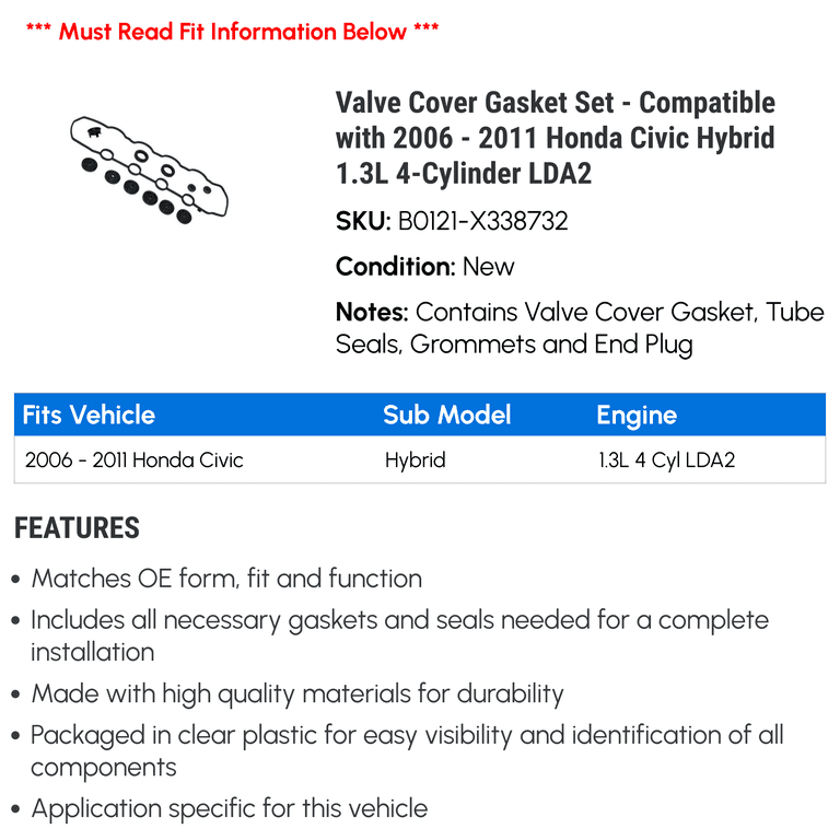 Valve Cover Gasket Set - Compatible with 2006 - 2011 Honda Civic Hybrid 1.3L 4-Cylinder LDA2 2007 2008 2009 2010 Valve Cover Gasket Set - Compatible with 2006 - 2011 Honda Civic Hybrid 1.3L 4-Cylinder LDA2 2007 2008 2009 2010